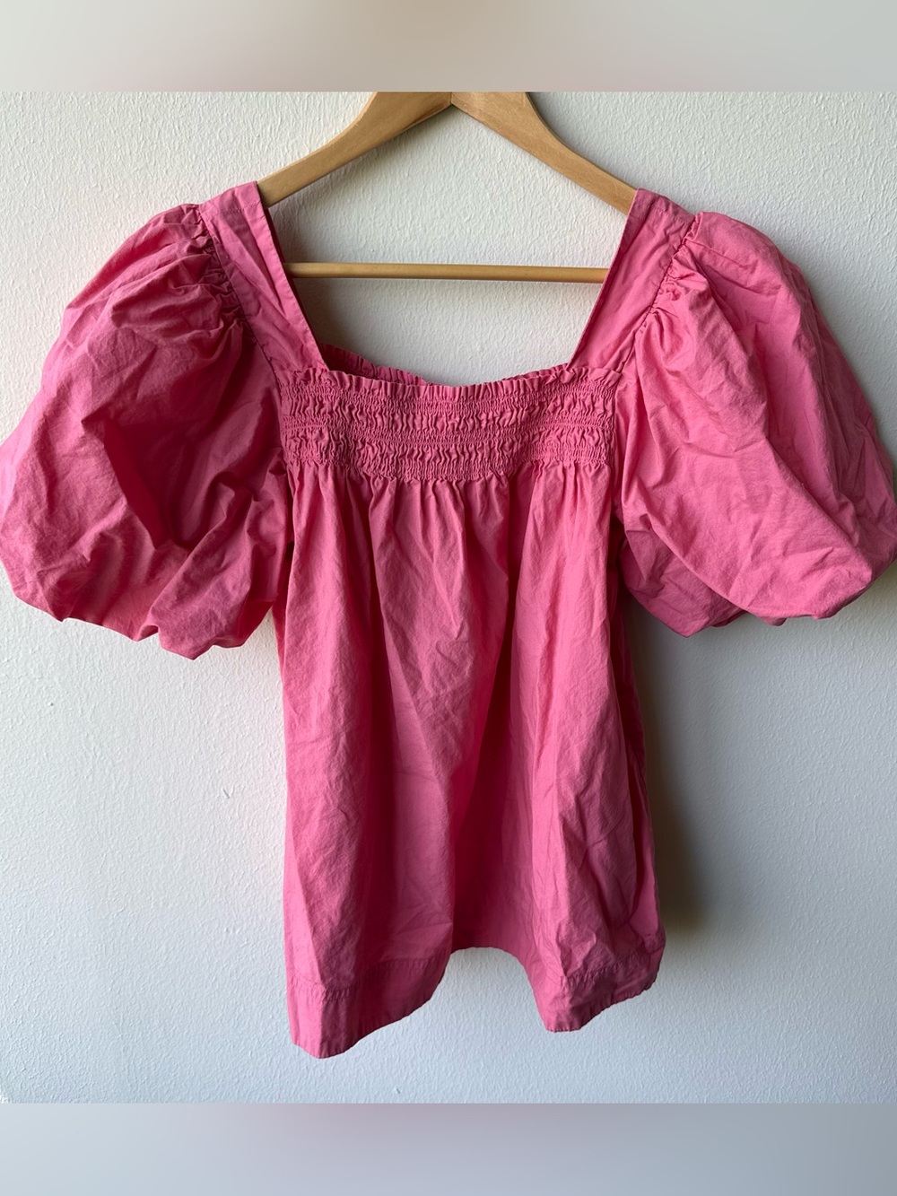 Anthropologie Maeve Square Neck Smocked Puff Sleeve 100% Cotton Pink Blouse